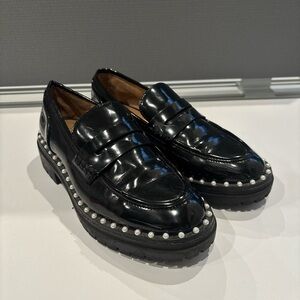 INC International Concepts Black Patent Loafers with Pearl-Trim Platform